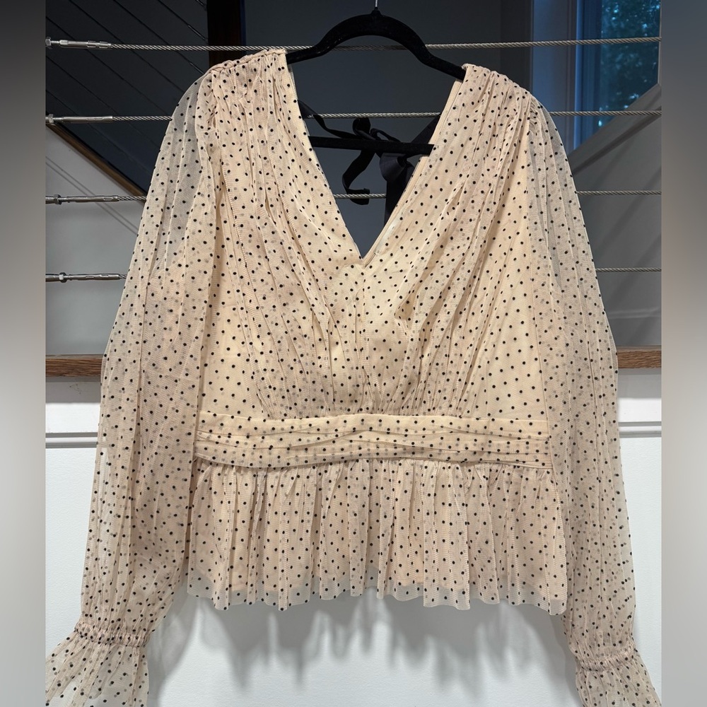 LOFT Beige Polka Dot V-Neck Peplum Blouse